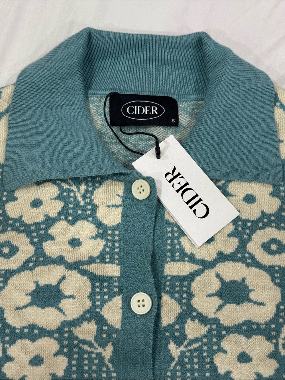 Cider Teal & Cream Floral Polo Cardigan